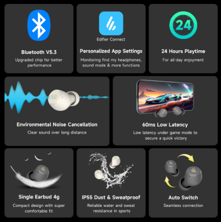 Edifier X3 Lite Wireless Earbuds with App Control Bluetooth V5.3 Built In Mic IP