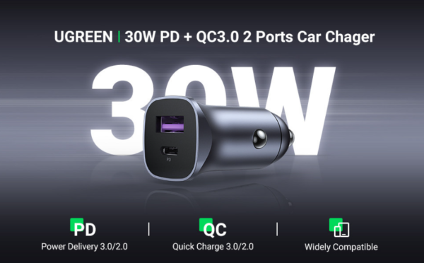 UGREEN PD30W SCP22.5W Car Charger Dual Port Fast Charging 30W