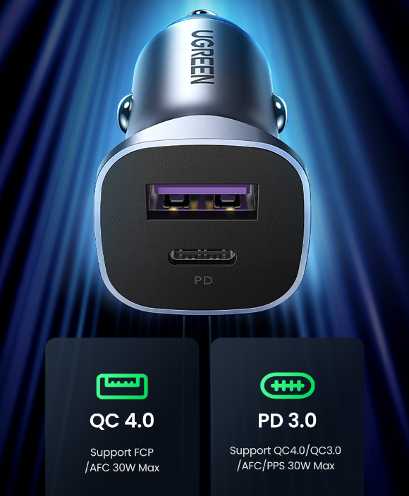 UGREEN PD30W SCP22.5W Car Charger Dual Port Fast Charging 30W